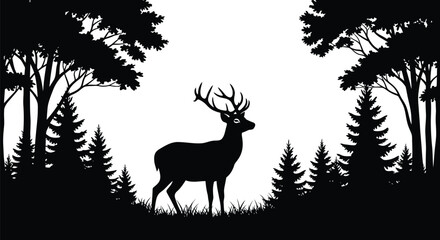 Silhouette of a deer in a forest landscape, showcasing nature, wildlife, and serene beauty of woodland
