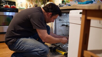 Man kneels while repairing dishwasher in kitchen, showcasing hands on approach to home maintenance. scene reflects determination and focus in domestic setting