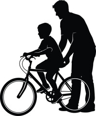 Silhouette of a father teaching his son to ride a bicycle, a heartwarming scene of family, support, and learning together