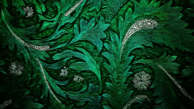 Slowly Panning Across a Dark, Ornate Green and Silver Embossed Floral Pattern