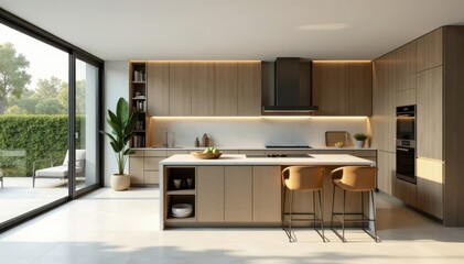 Sleek kitchen flows into living area, showcasing clean lines, modern kitchen, interior photography