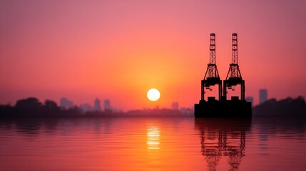 Silhouetted shipping cranes stand against a vibrant sunset over calm water with city skyline in background