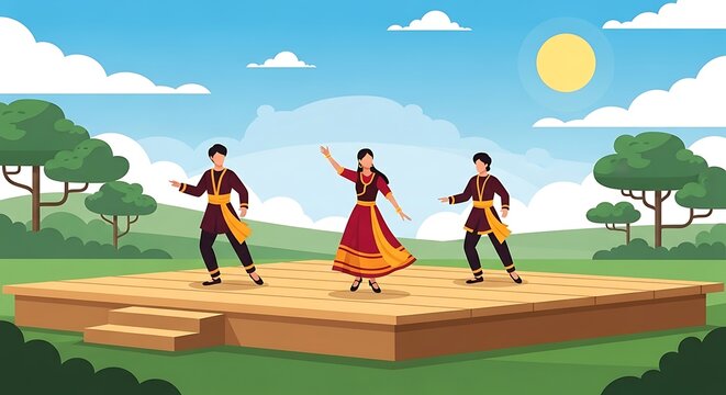 Three people, two men and one woman, are performing a traditional dance on an outdoor wooden stage in a park on a sunny day.