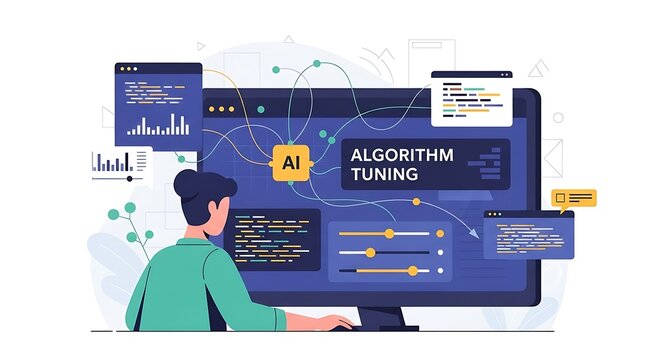 A male programmer is working on a desktop computer, coding and tuning an AI algorithm with various complex data and flow charts displayed on the screen.
