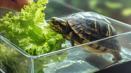 A pet turtle eating lettuce inside a small glass aquarium on a table