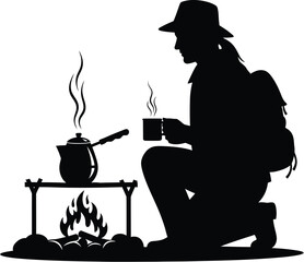 Silhouette of a woman camping, enjoying coffee by campfire, capturing essence of outdoor adventure and relaxation
