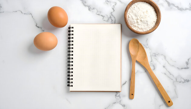 Creative baking concept with a blank recipe notebook, flour, and eggs on a white marble kitchen background - Powered by Adobe