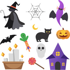 Halloween party icons vector set with witch hat, ghost, bat, candy, cauldron, haunted house, coffin, spider