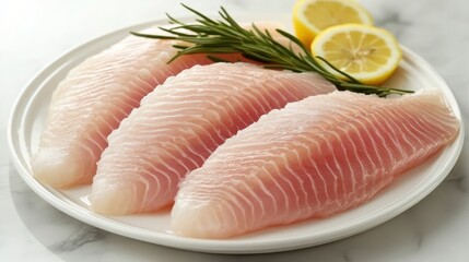 Fresh Fish Fillets on Plate with Lemon and Herbs for Cooking