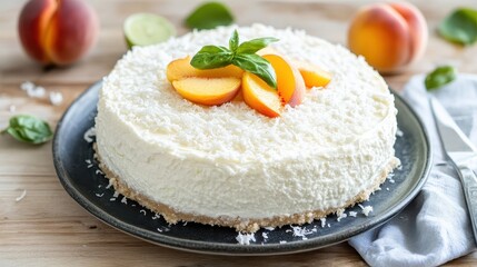 Creamy Coconut Cake with Peach Slices and Fresh Basil Garnish