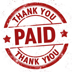 A red paid stamp with thank you text and star icons