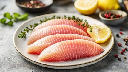 Fresh Fish Fillets with Lemon and Herbs on a Rustic Table Setting