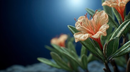 Close up view of delicate peach colored flowers with green leaves against a dark blue background