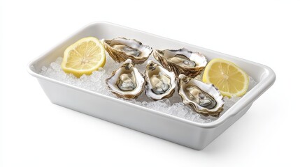 Fresh Oysters on Ice with Lemon Slices in Elegant Presentation Dish