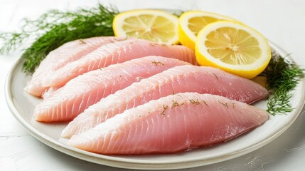 Fresh Fish Fillets with Lemon Slices and Green Herbs on Plate