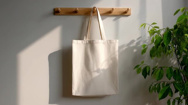 Blank White Canvas Tote Bag Mockup Hanging on a Wooden Hook Rack in a Sunlit Minimalist Room