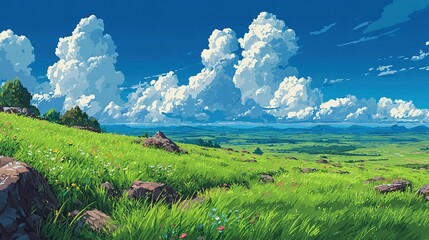 Anime-inspired natural scene with green grass, wildflowers, blue sky and white clouds, serene landscape background for wallpaper, games or digital art