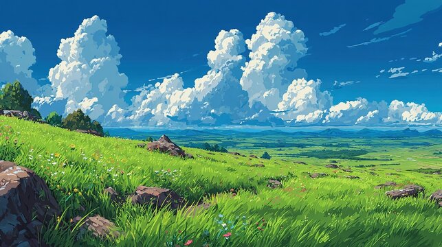 Anime-inspired natural scene with green grass, wildflowers, blue sky and white clouds, serene landscape background for wallpaper, games or digital art