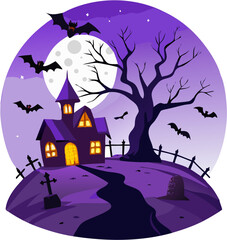 Spooky haunted house night scene vector with bats, graveyard, full moon, bare trees and glowing windows