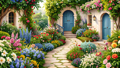 Fototapeta premium Picturesque garden pathway leading to a blue door surrounded by vibrant flowers and lush greenery with natural light