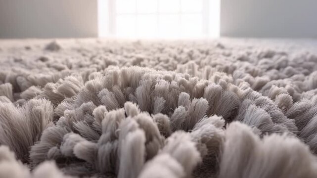 Close-Up Footage of a Plush, Light-Colored Shag Rug with Soft Fibers Texture