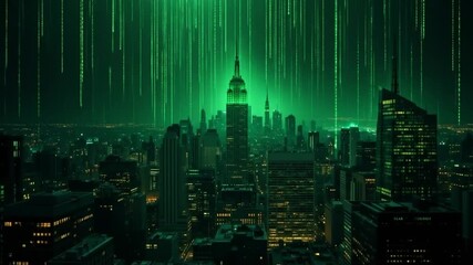 The Matrix-Inspired Cityscape with Falling Binary Code in Dark Green Color Grading - Powered by Adobe