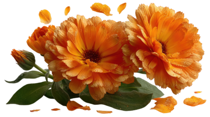 Vibrant Calendula Blooms: A close-up, photorealistic depiction of radiant orange calendula flowers, their petals gracefully unfurling amidst falling petals. capturing the details