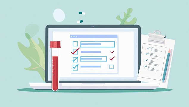 Online medical test form, blood sample, checklist, laptop, healthcare