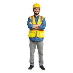 Man in safety gear stands confidently on a transparent background.