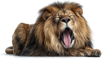 Fototapeta premium Majestic Lion Yawning with Resting, and Isolated on White Background Wildlife Portrait.