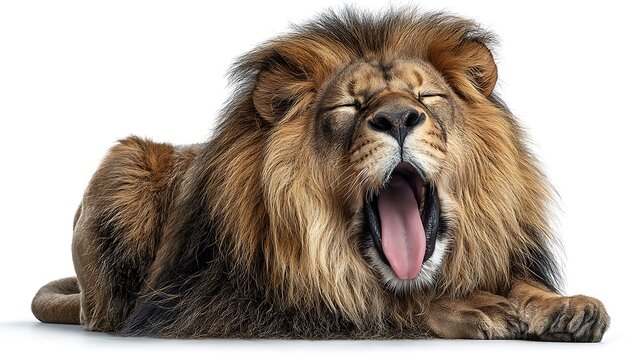Majestic Lion Yawning with Resting, and Isolated on White Background Wildlife Portrait.