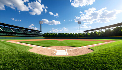 Empty Baseball Field under Blue Cloudy Sky with Green Grass and Sunlight