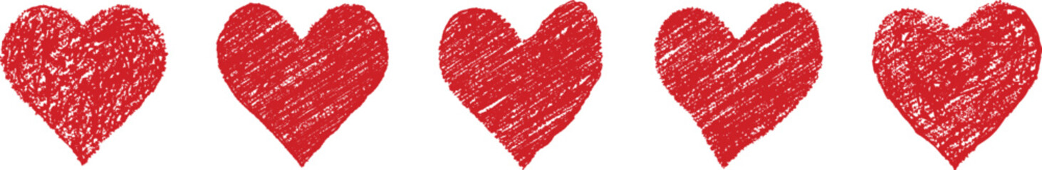 Set of red hand drawn hearts with chalk and wax crayon texture. A playful set of sketchy shape. Rough lines and bold shapes. Vector illustration valentine drawing style .