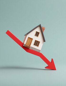 Minimalist 3D render of small house sliding down red downward arrow