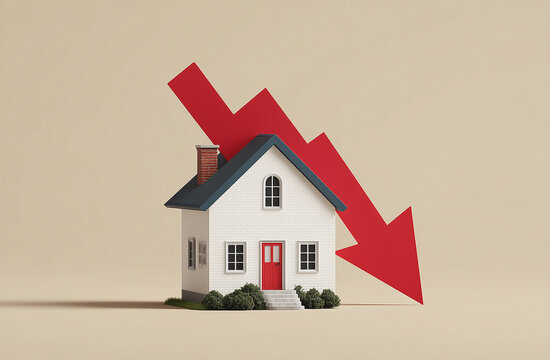 Minimalist illustration of house with large red downward arrow
