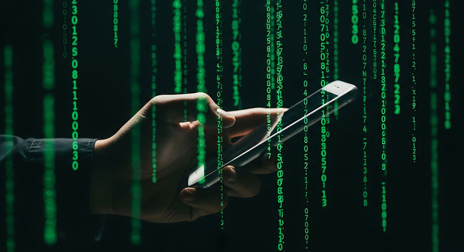 Hand holding phone with digital code rain