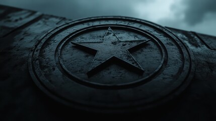 Dark Metal Star Emblem with Textured Surface Against Stormy Sky