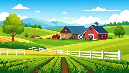 Farmland landscape with green hills, and barns.