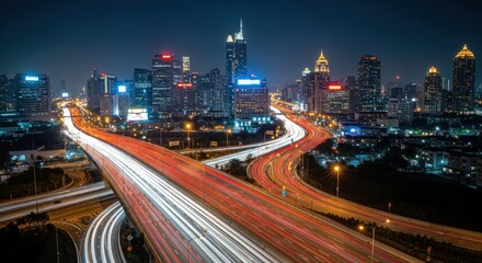 Nightscape of a Modern City with Light Trails on Highways and Skyscrapers, Urban Transportation