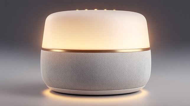 Modern smart speaker with warm light glowing against a gradient background. - Powered by Adobe