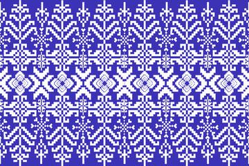 seamless knitted pattern
A seamless pixel-style pattern featuring symmetrical floral and geometric motifs in white on a green background. Inspired by traditional embroidery and cross-stitch designs, 