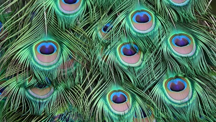 Fototapeta premium An elaborate arrangement of iridescent peacock feathers displays vibrant hues and intricate designs.