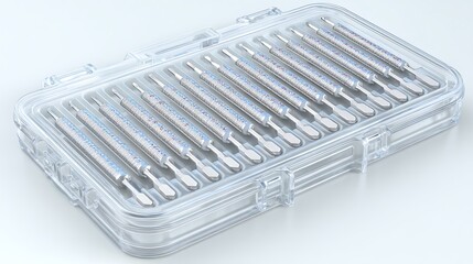 Precision Dental Instrument Set in Clear Case with Clinic Equipment, and Isolated on White.