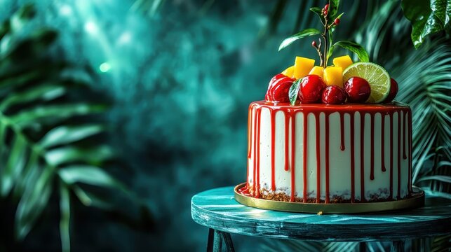 Colorful Fruit Cake with Cherry Topping on a Decorative Stand
