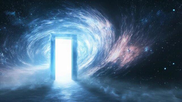 Walking through a glowing door into a cosmic realm
