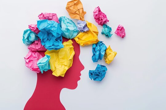 Colorful crumpled paper head profile, ideas, brainstorming, white background, problem-solving concept - Powered by Adobe