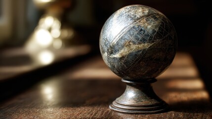 Antique globe on wooden surface with soft natural light accenting detail