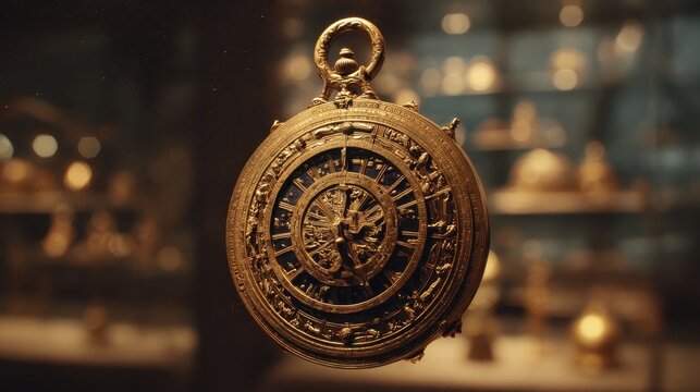 Antique Golden Astrolabe Pendant with Blue Dial and Intricate Details