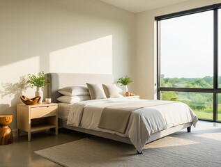 Fototapeta premium Cozy and Bright Modern Minimalist Bedroom Inspiration - AI Generated 