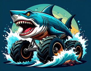 Angry shark monster truck roars through water